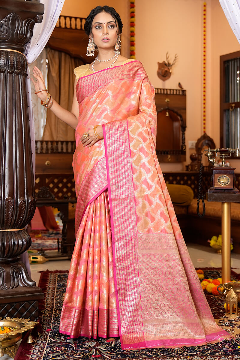 Preferable Pink Organza Silk Saree With Fantabulous Blouse Piece