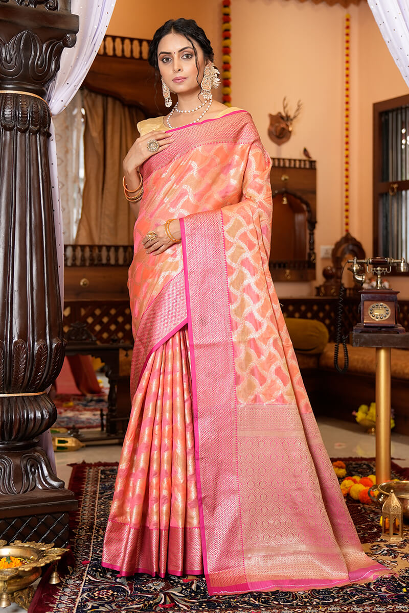 Preferable Pink Organza Silk Saree With Fantabulous Blouse Piece