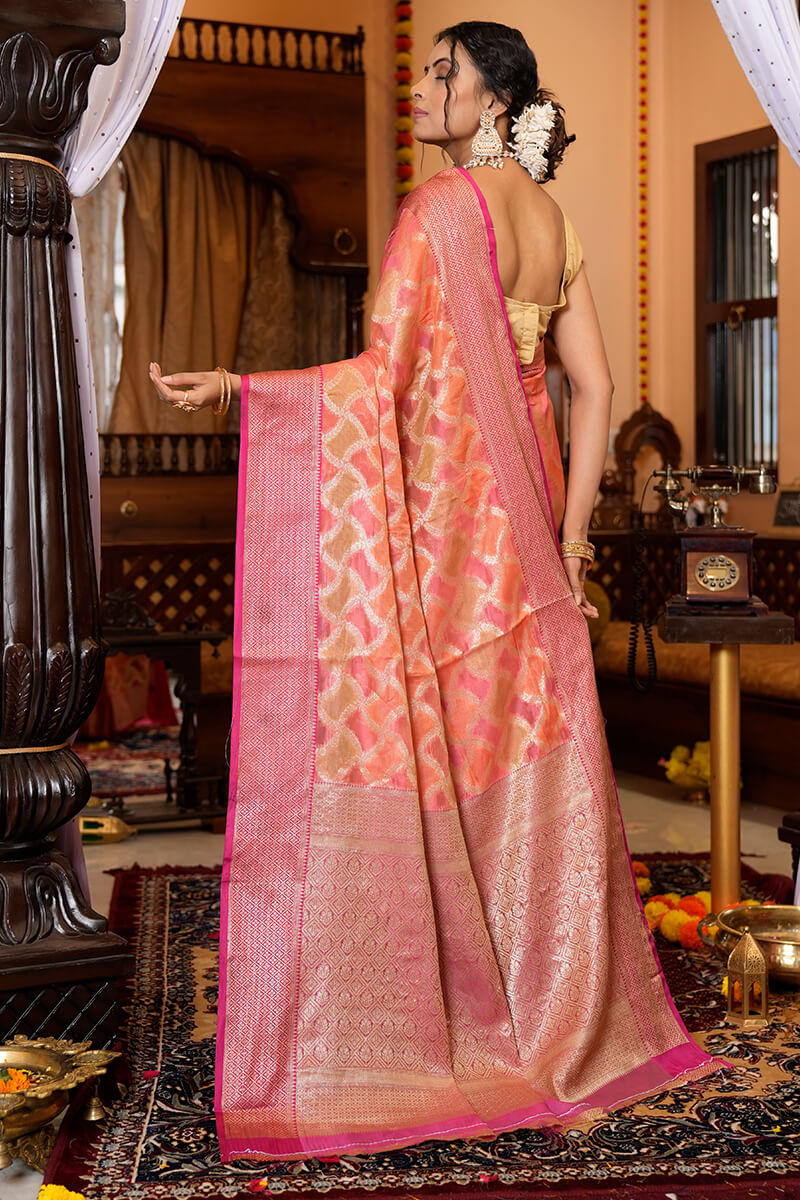 Preferable Pink Organza Silk Saree With Fantabulous Blouse Piece