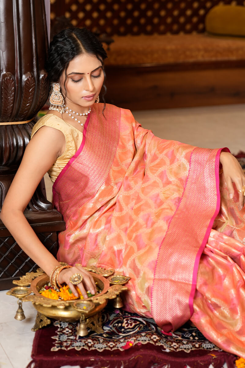 Preferable Pink Organza Silk Saree With Fantabulous Blouse Piece