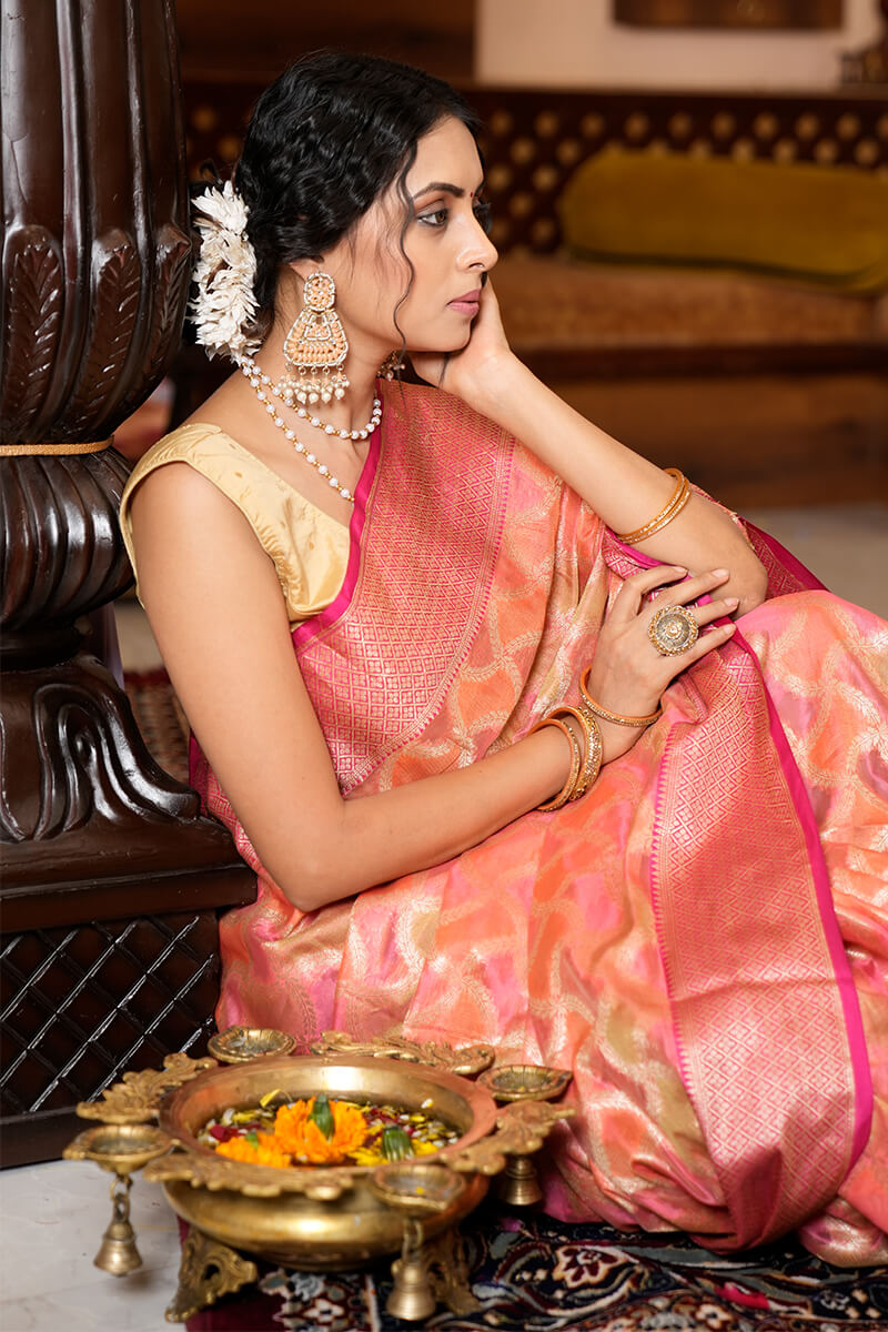 Preferable Pink Organza Silk Saree With Fantabulous Blouse Piece