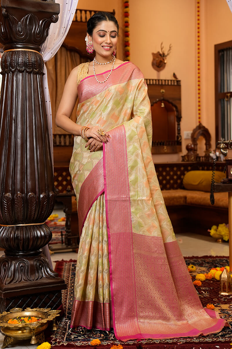 Prettiest Pista Organza Silk Saree With Twirling Blouse Piece