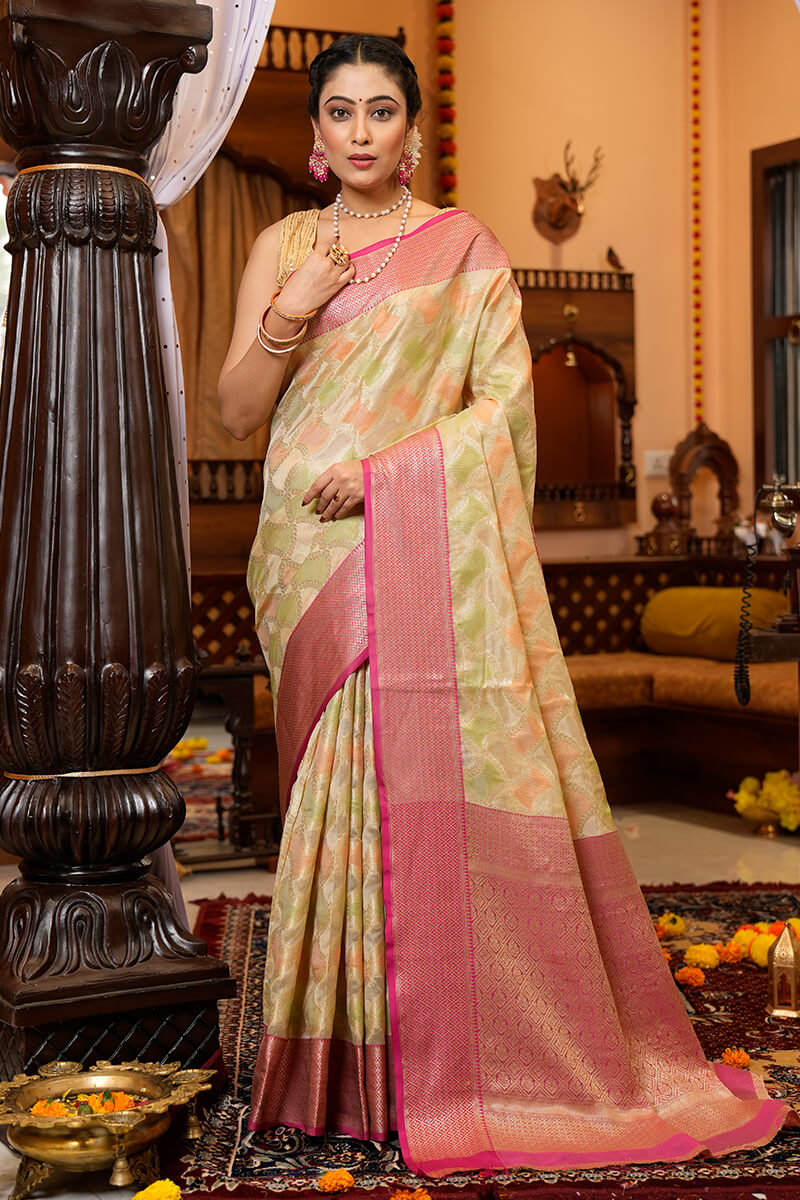 Prettiest Pista Organza Silk Saree With Twirling Blouse Piece