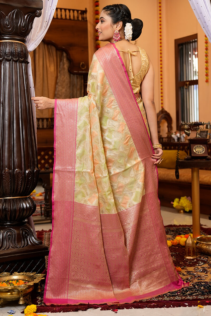 Prettiest Pista Organza Silk Saree With Twirling Blouse Piece
