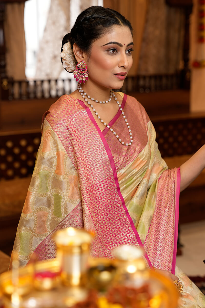 Prettiest Pista Organza Silk Saree With Twirling Blouse Piece