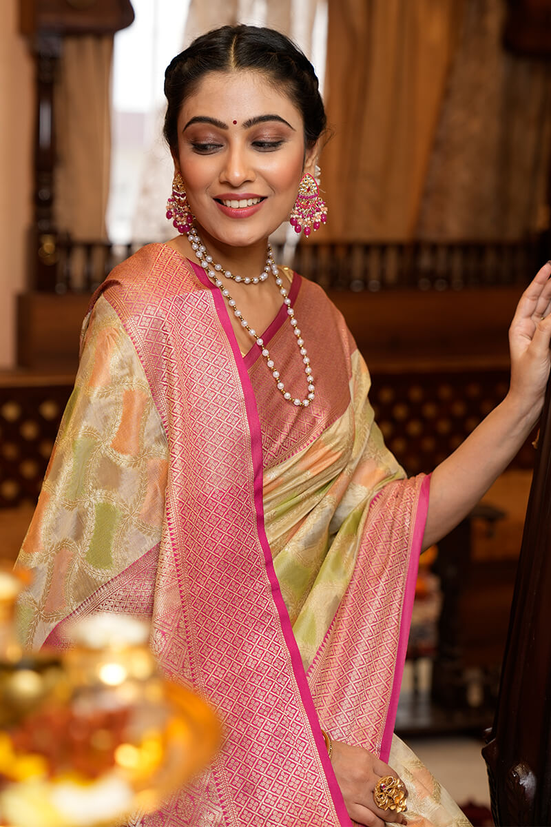 Prettiest Pista Organza Silk Saree With Twirling Blouse Piece