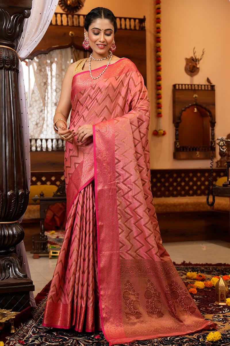 Beauteous Pink Soft Banarasi Silk Saree With Divine Blouse Piece