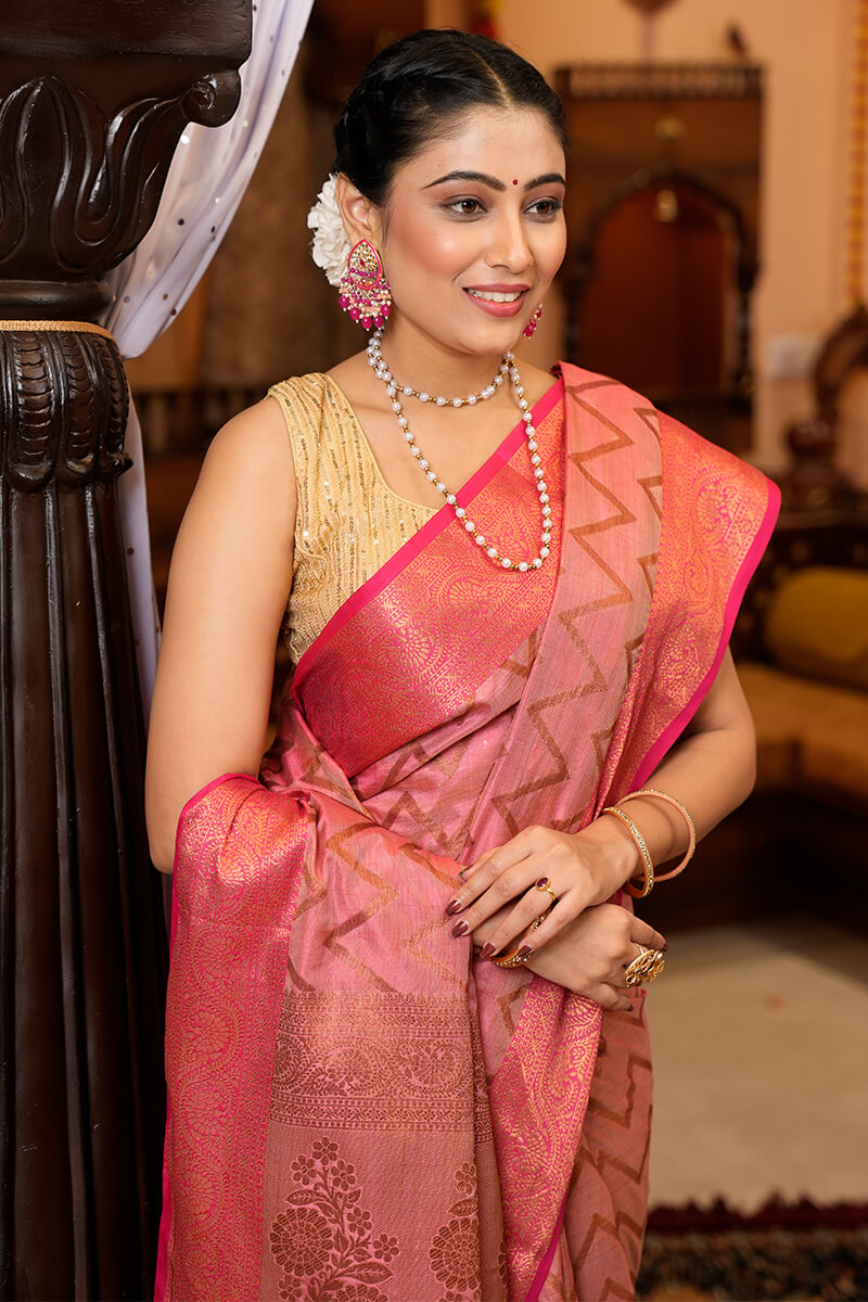 Beauteous Pink Soft Banarasi Silk Saree With Divine Blouse Piece
