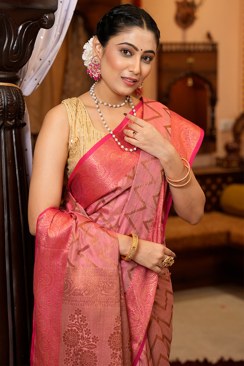 Beauteous Pink Soft Banarasi Silk Saree With Divine Blouse Piece