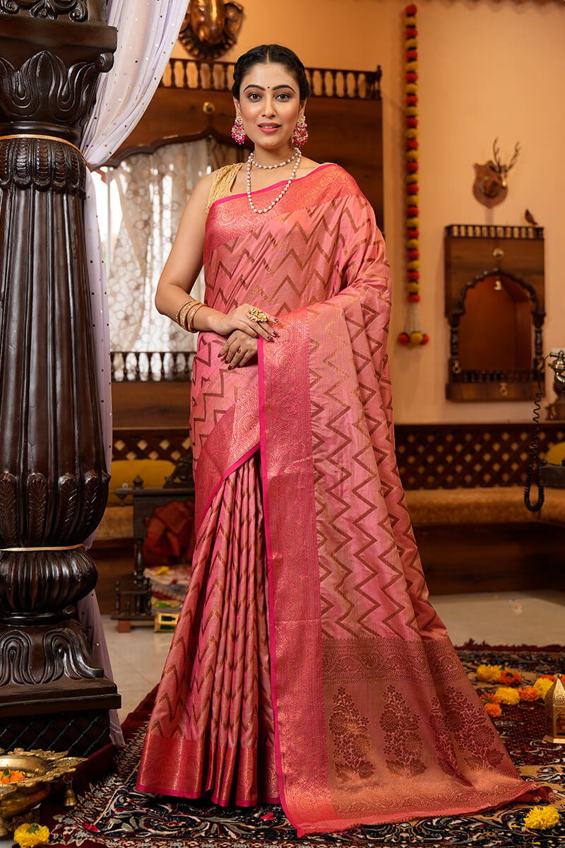 Beauteous Pink Soft Banarasi Silk Saree With Divine Blouse Piece