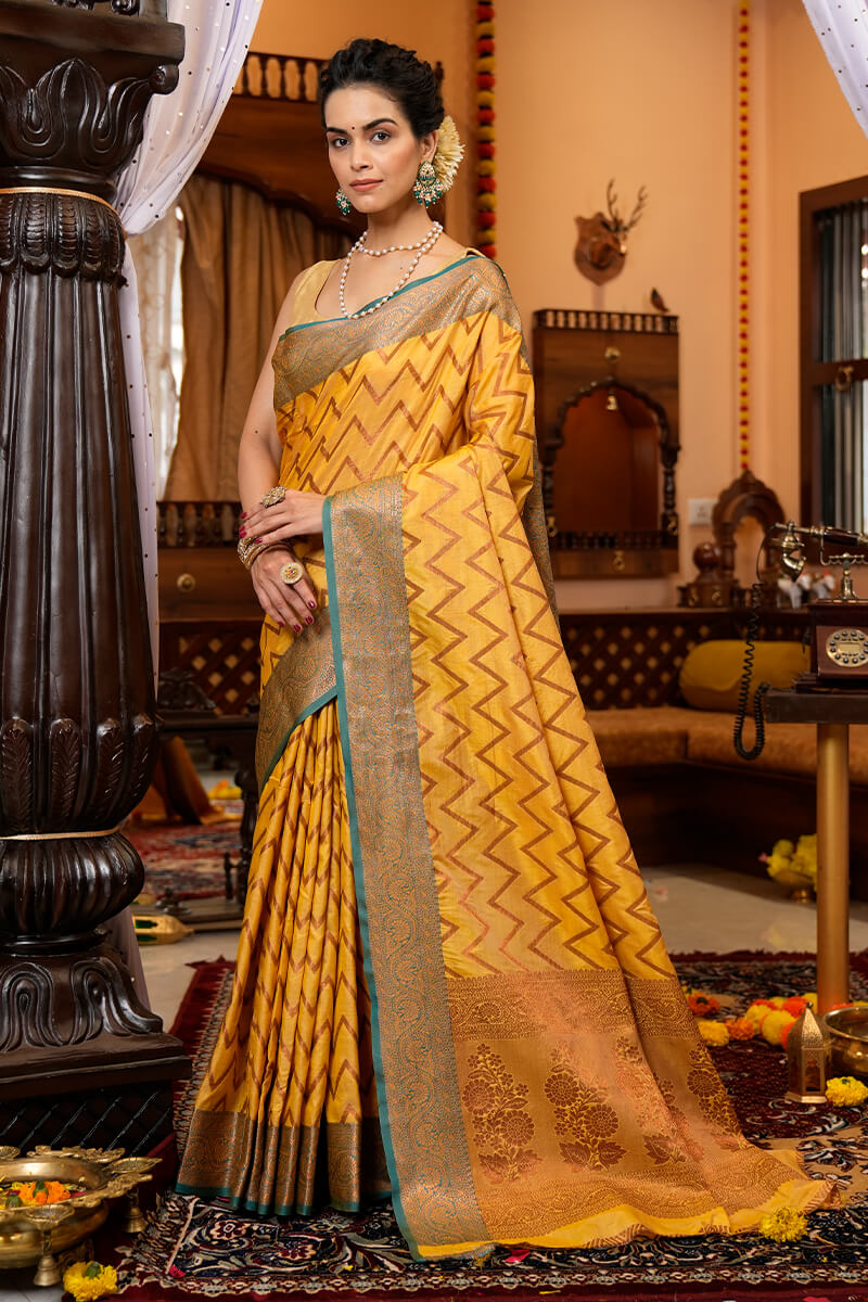 Bucolic Yellow Soft Banarasi Silk Saree With Lissome Fairytale Piece