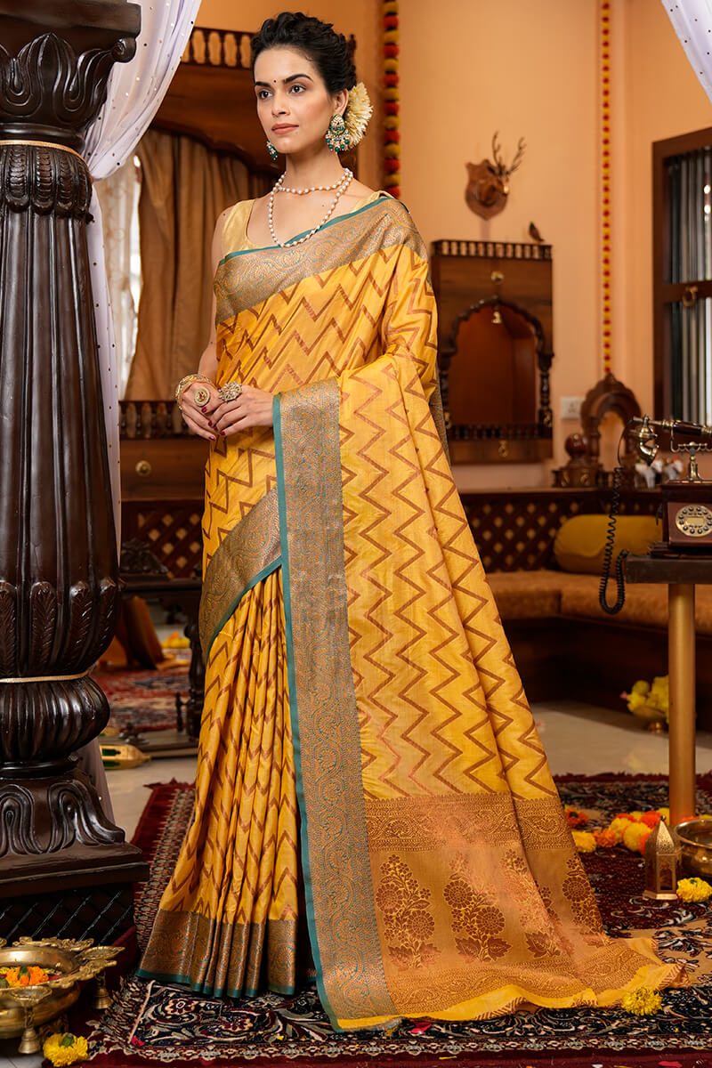 Bucolic Yellow Soft Banarasi Silk Saree With Lissome Fairytale Piece