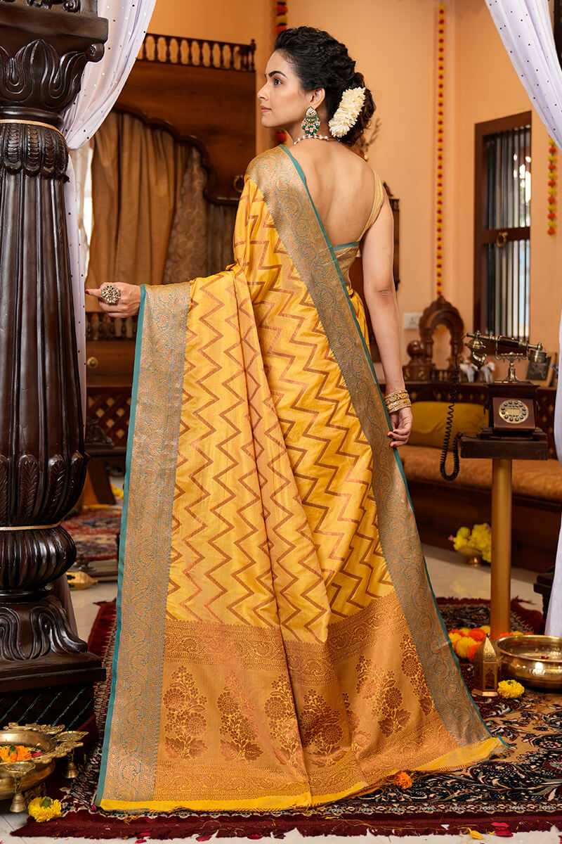 Bucolic Yellow Soft Banarasi Silk Saree With Lissome Fairytale Piece