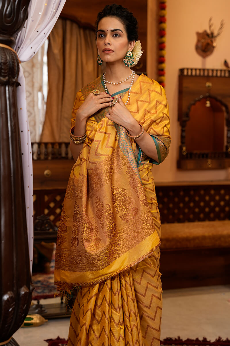 Bucolic Yellow Soft Banarasi Silk Saree With Lissome Fairytale Piece