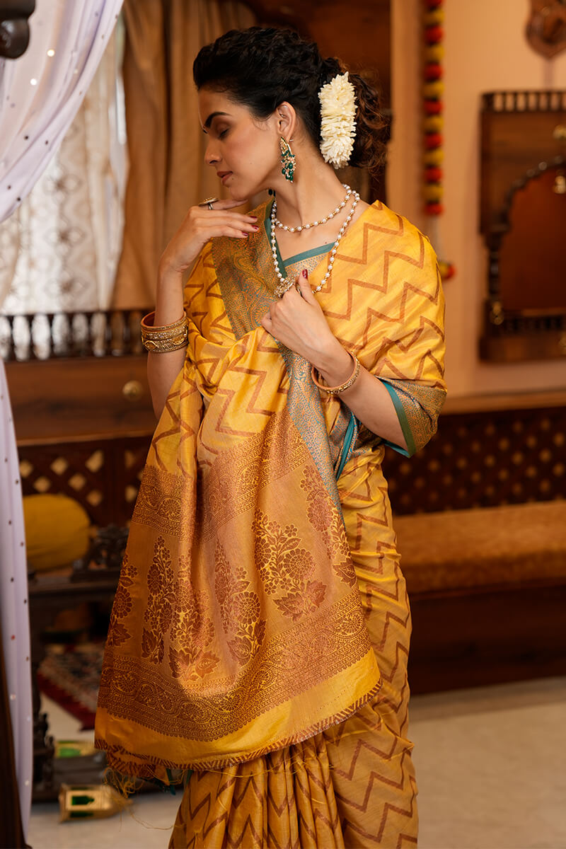 Bucolic Yellow Soft Banarasi Silk Saree With Lissome Fairytale Piece