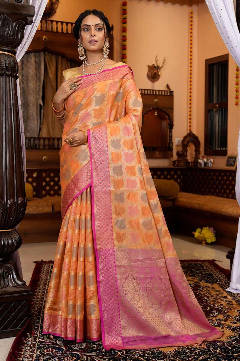 Radiant Orange Organza Silk Saree With Groovy Blouse Piece