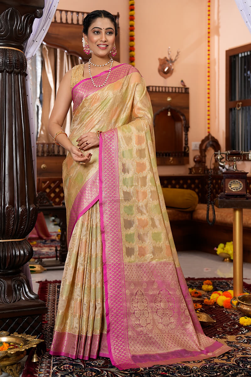 Mesmeric Pista Organza Silk Saree With Flamboyant Blouse Piece