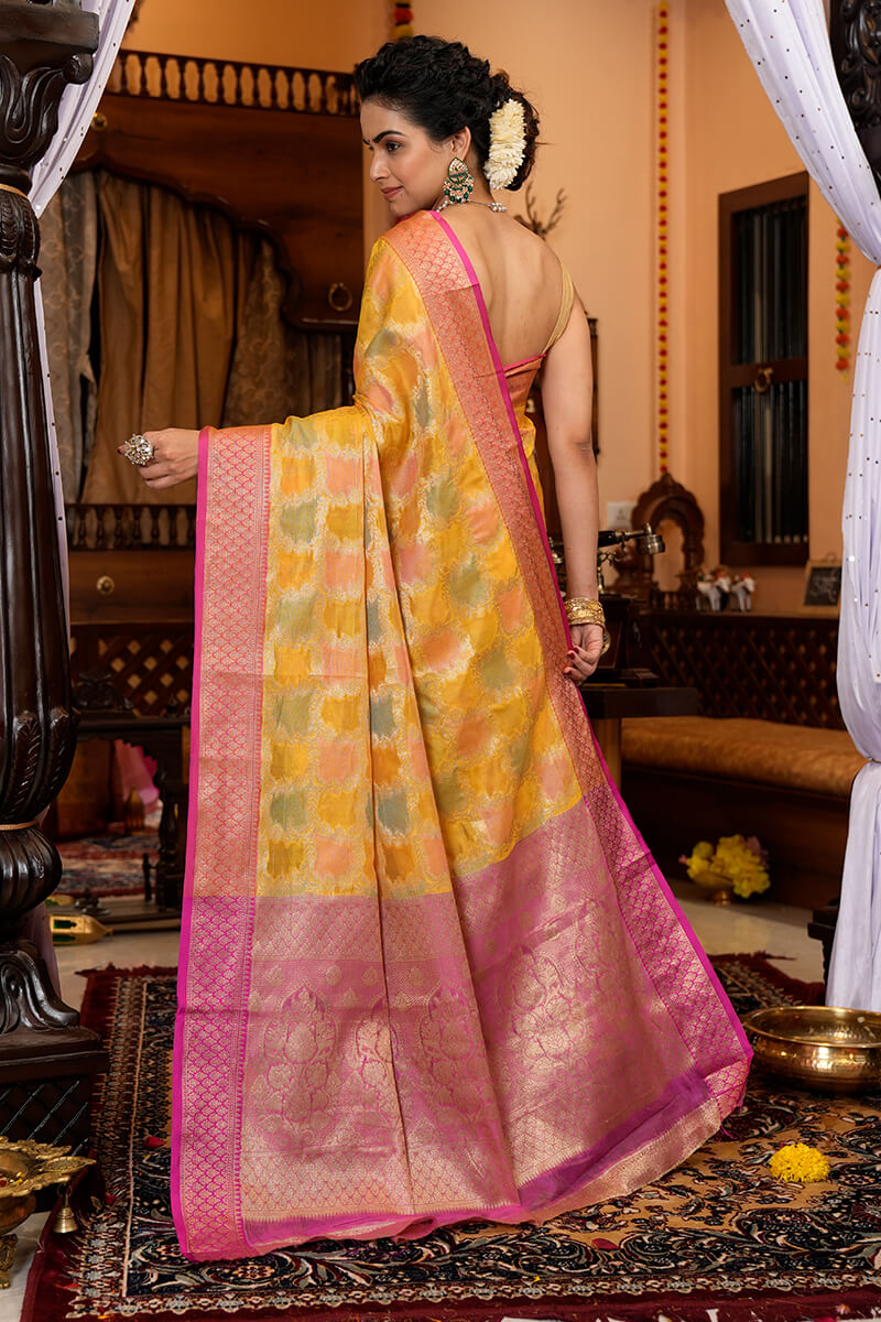 Pleasant Yellow Organza Silk Saree With Flameboyant Blouse Piece