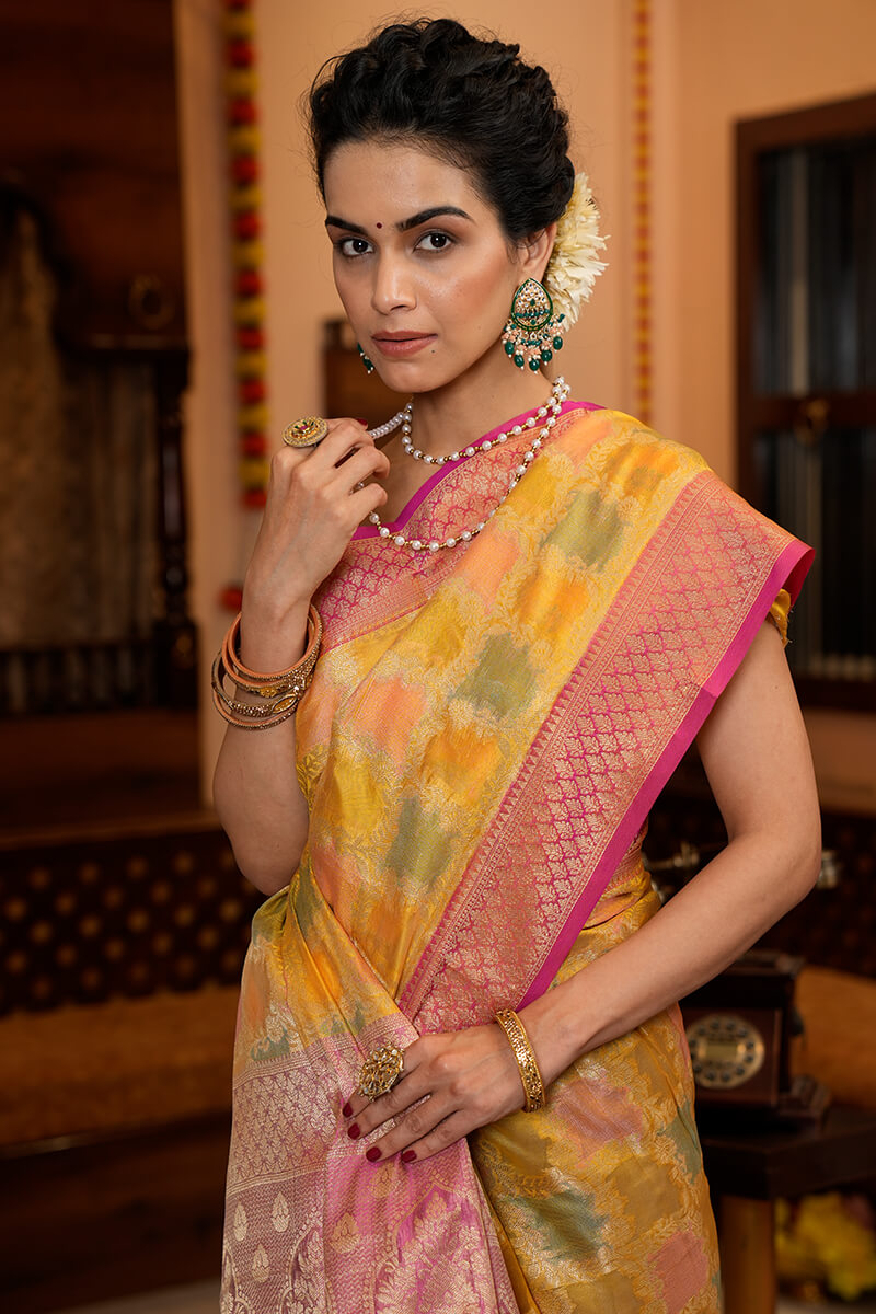 Pleasant Yellow Organza Silk Saree With Flameboyant Blouse Piece