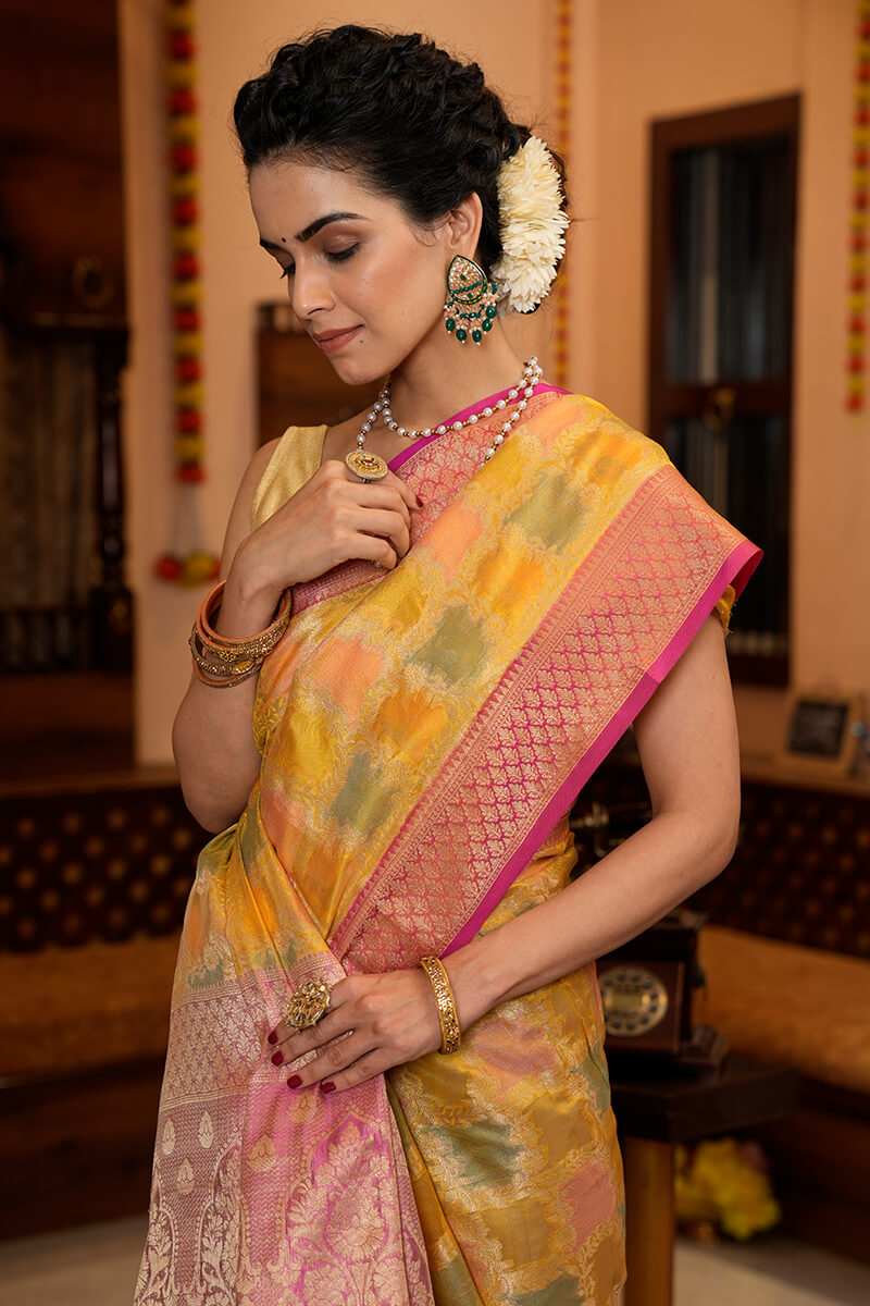 Pleasant Yellow Organza Silk Saree With Flameboyant Blouse Piece