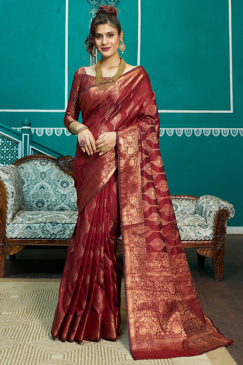 Stunner Maroon Soft Banarasi Silk Saree With Classic Blouse Piece