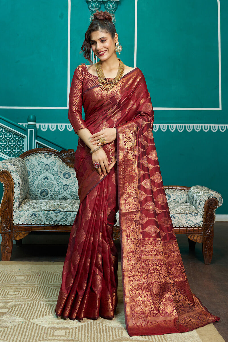 Stunner Maroon Soft Banarasi Silk Saree With Classic Blouse Piece