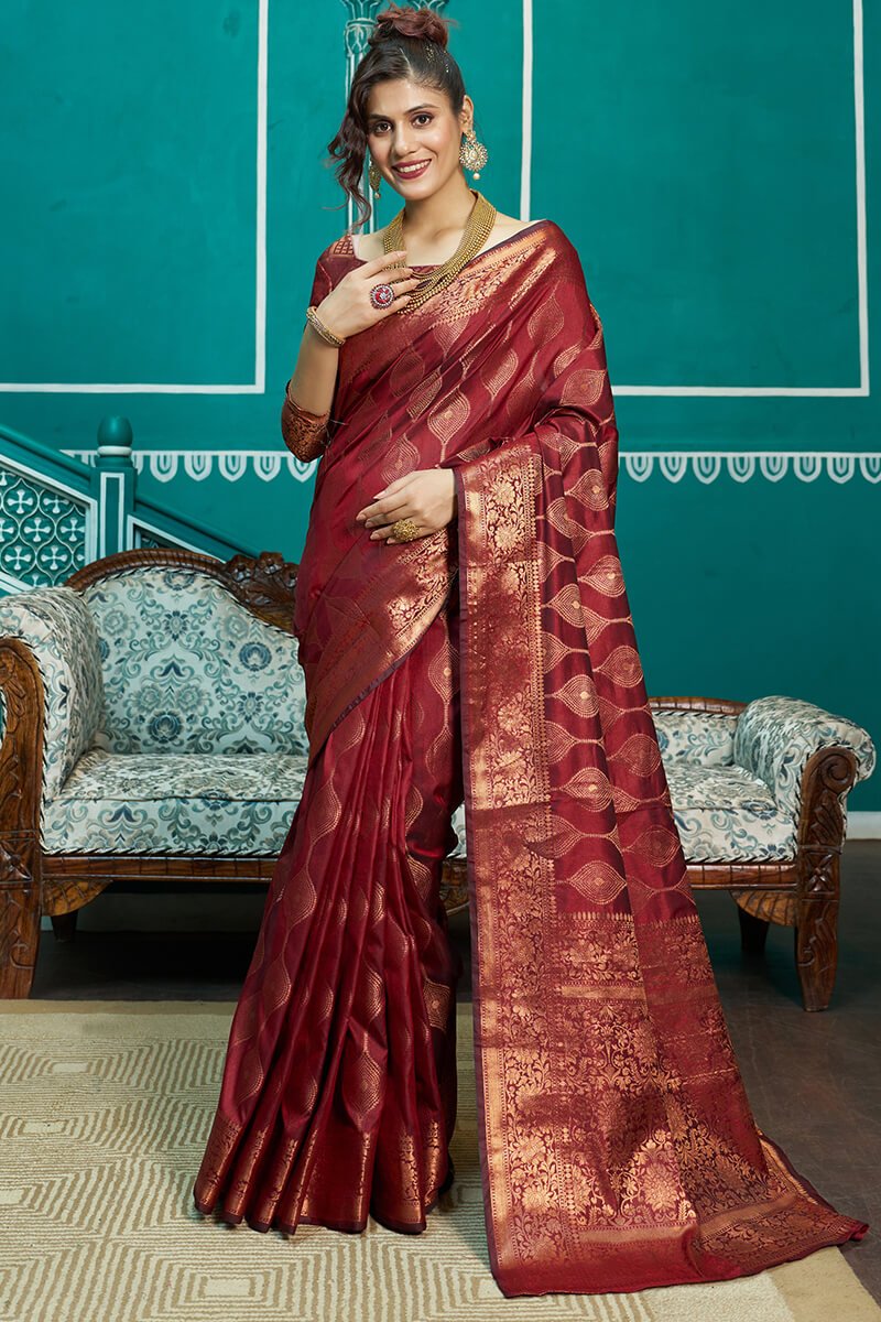 Stunner Maroon Soft Banarasi Silk Saree With Classic Blouse Piece