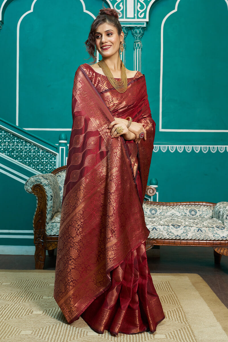 Stunner Maroon Soft Banarasi Silk Saree With Classic Blouse Piece