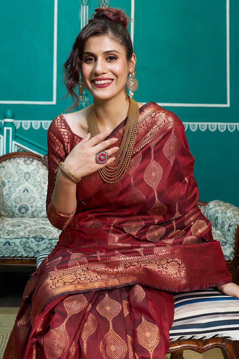 Stunner Maroon Soft Banarasi Silk Saree With Classic Blouse Piece