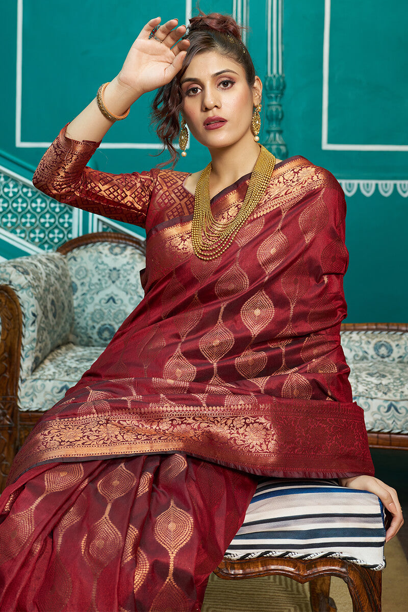 Stunner Maroon Soft Banarasi Silk Saree With Classic Blouse Piece