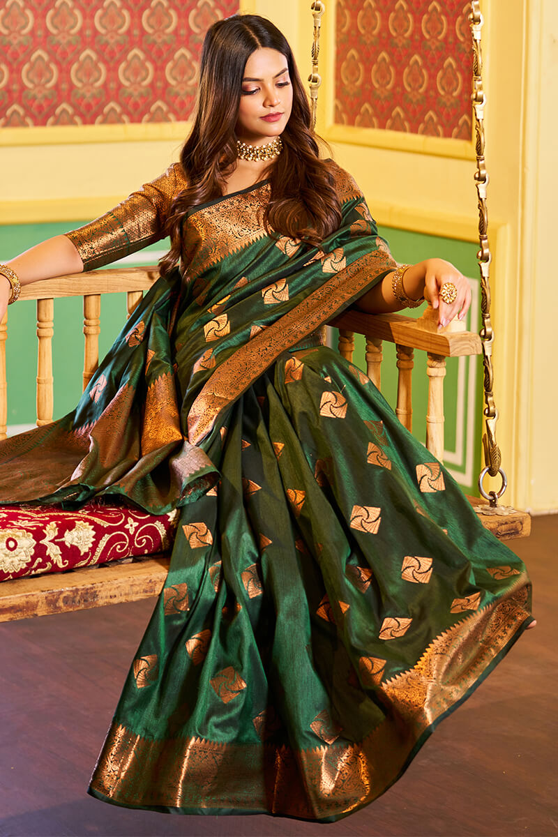Traditional Dark Green Soft Banarasi Silk Saree With Ideal Blouse Piece