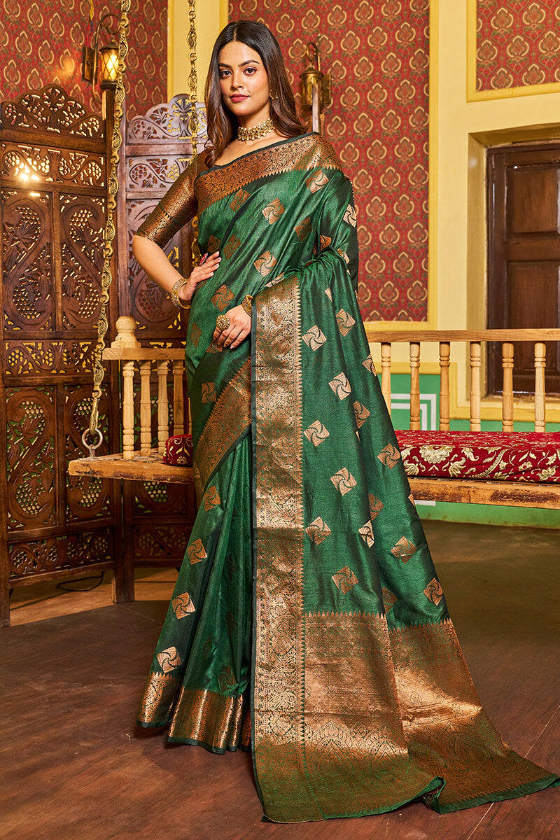 Traditional Dark Green Soft Banarasi Silk Saree With Ideal Blouse Piece