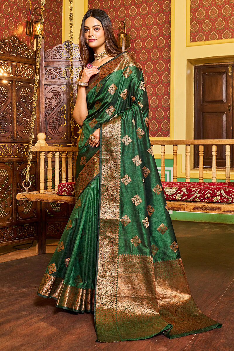 Traditional Dark Green Soft Banarasi Silk Saree With Ideal Blouse Piece