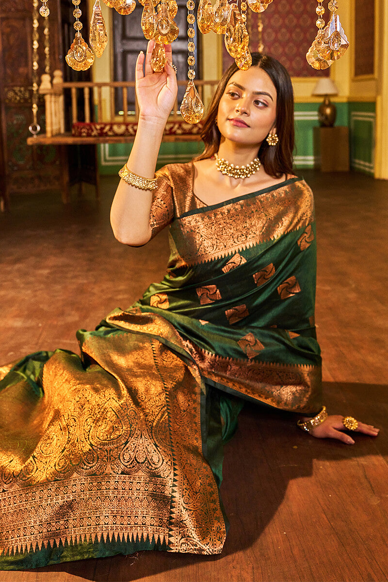 Traditional Dark Green Soft Banarasi Silk Saree With Ideal Blouse Piece