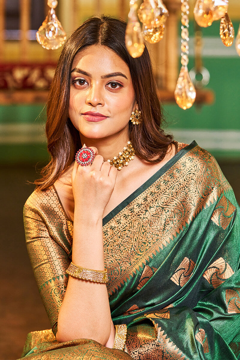 Traditional Dark Green Soft Banarasi Silk Saree With Ideal Blouse Piece