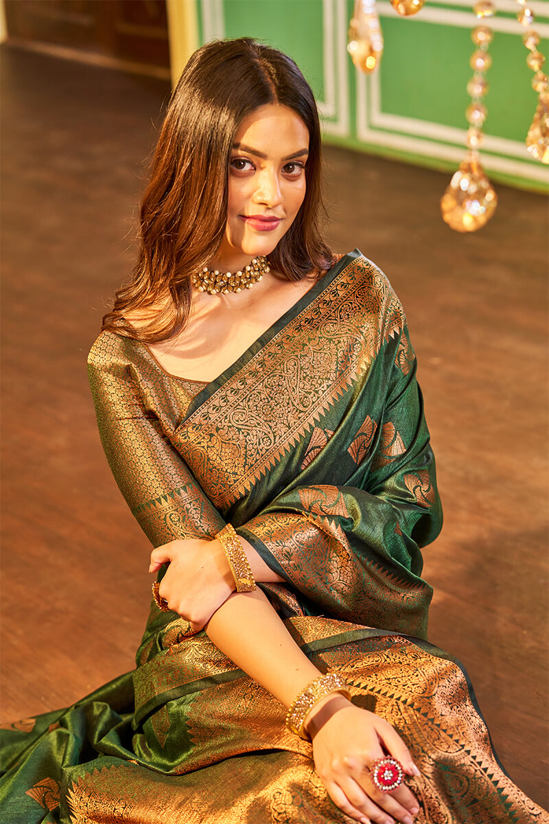 Traditional Dark Green Soft Banarasi Silk Saree With Ideal Blouse Piece