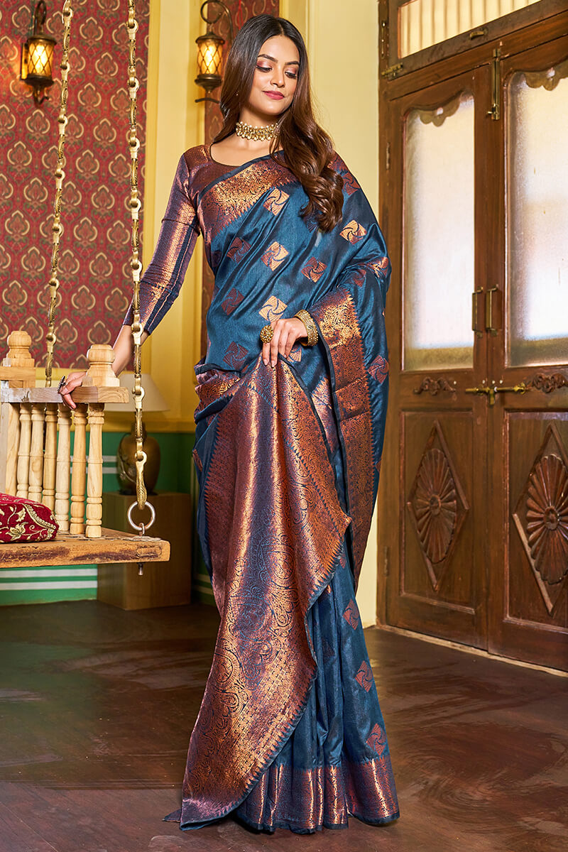Assemblage Navy Blue Soft Banarasi Silk Saree With Beleaguer Blouse Piece