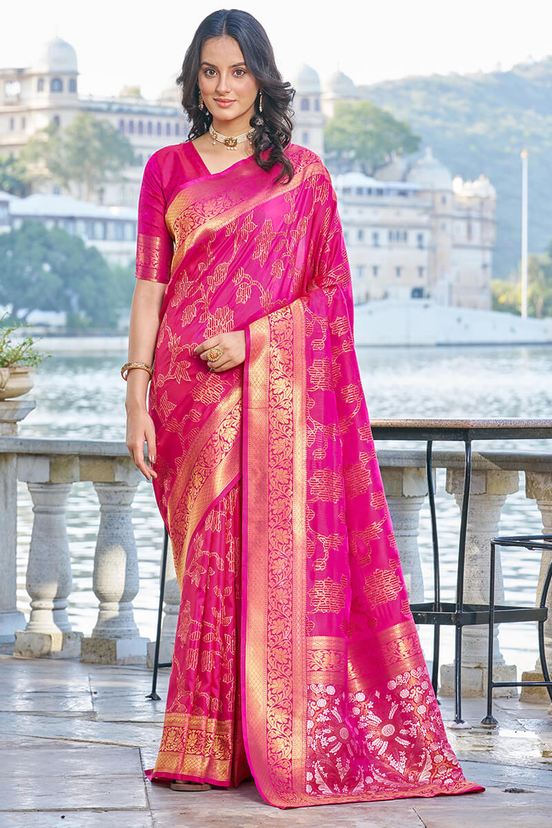 Smart Dark Pink Kanjivaram Silk Saree With Ailurophile Blouse Piece