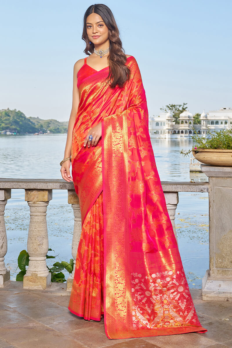 Surpassing Pink Kanjivaram Silk Saree With Embrocation Blouse Piece