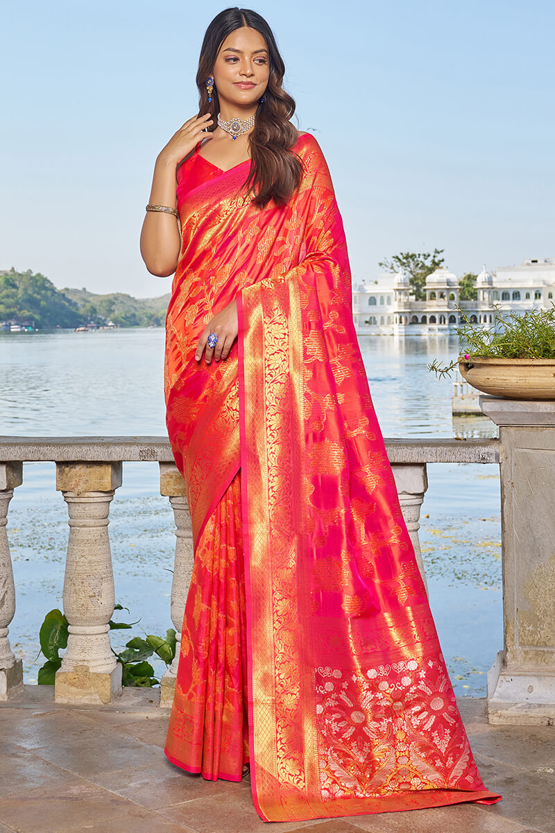 Surpassing Pink Kanjivaram Silk Saree With Embrocation Blouse Piece