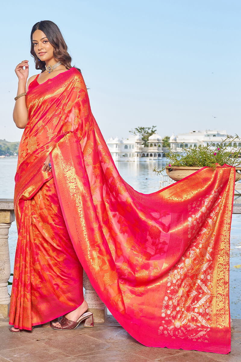 Surpassing Pink Kanjivaram Silk Saree With Embrocation Blouse Piece