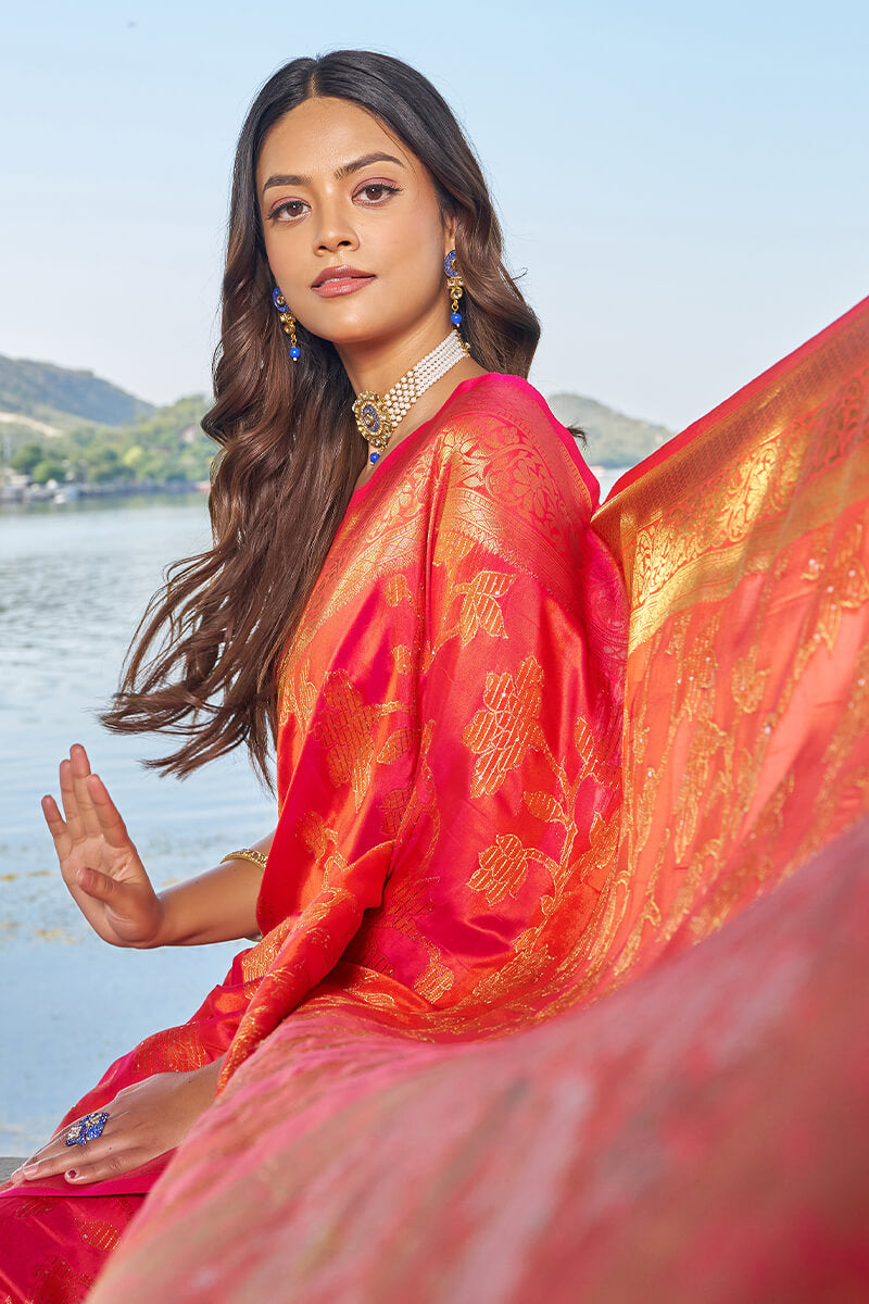 Surpassing Pink Kanjivaram Silk Saree With Embrocation Blouse Piece