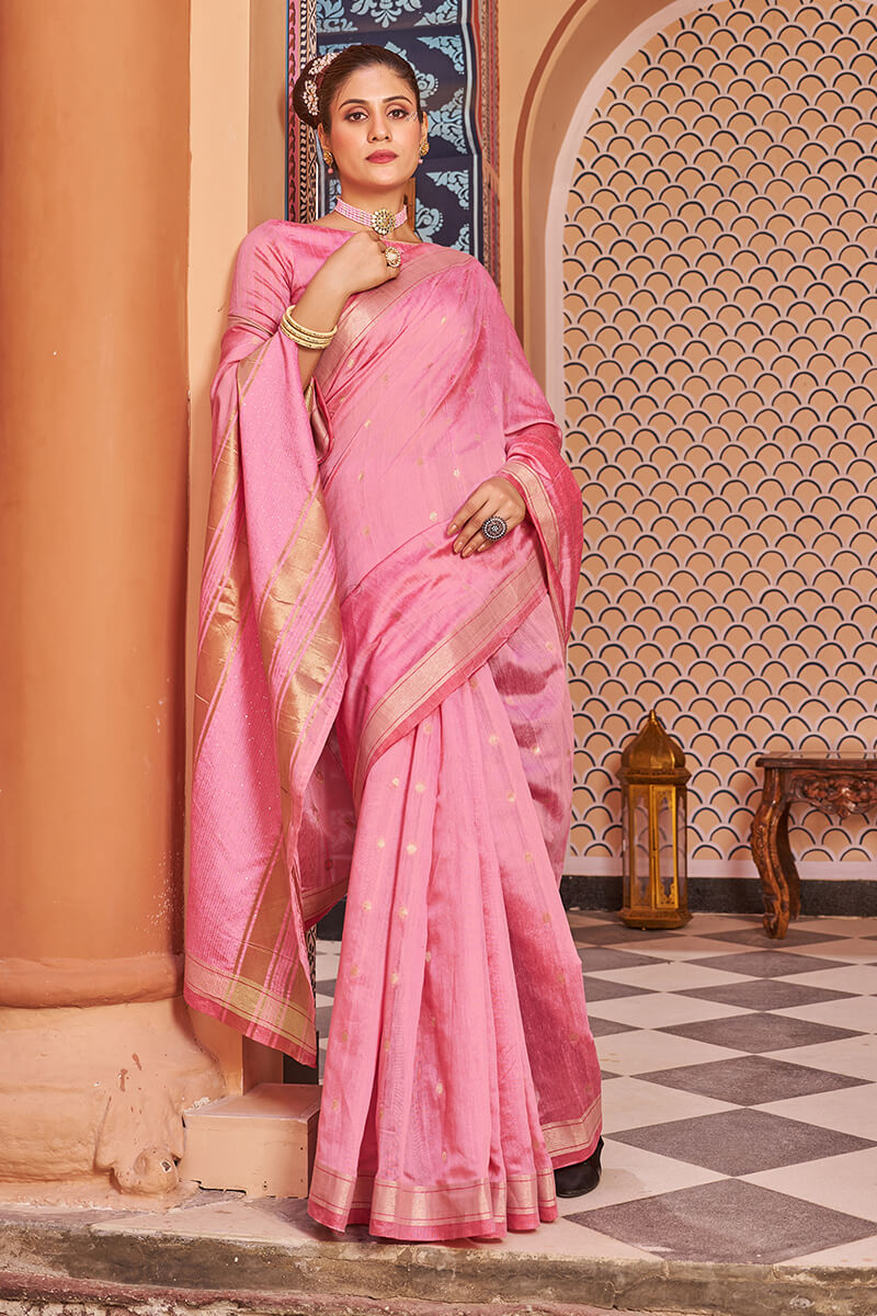 Forbearance Baby Pink Linen Cotton Silk Saree With Lassitude Blouse Piece