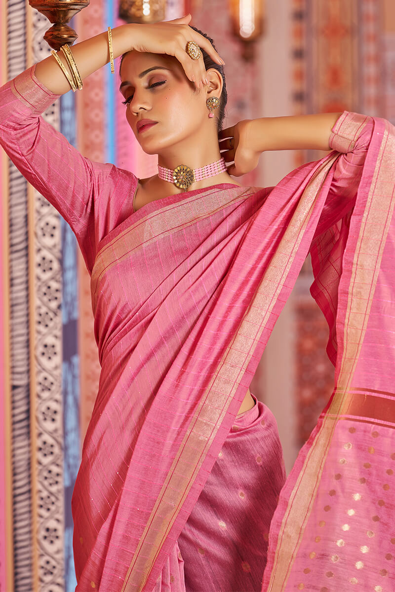 Sempiternal Pink Linen Cotton Silk Saree With Denouement Blouse Piece