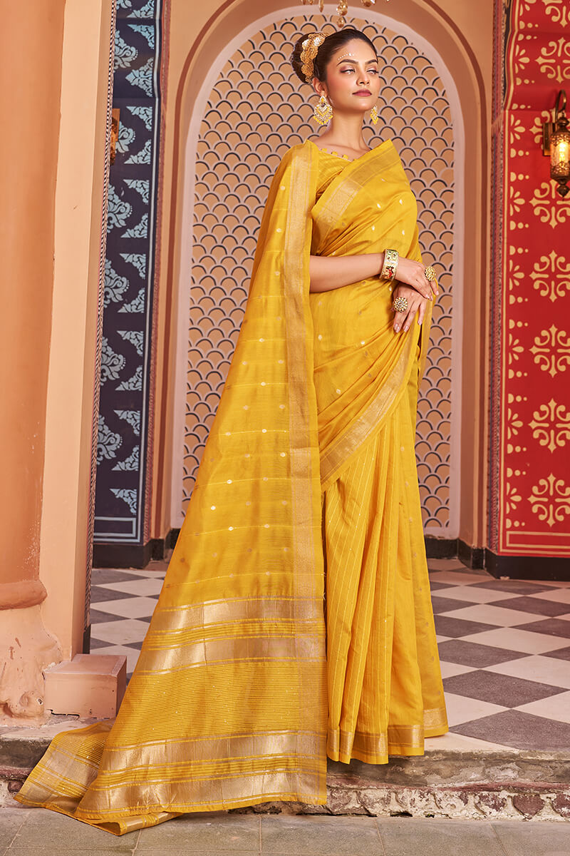 Fantabulous Yellow Linen Cotton Silk Saree With Luxuriant Blouse Piece