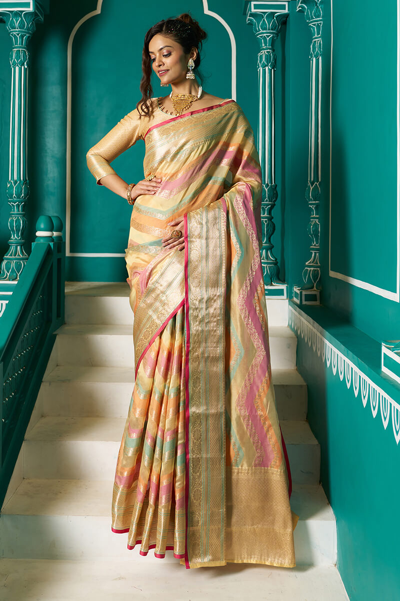 Prodigal Mustard Organza Silk Saree With Blissful Blouse Piece