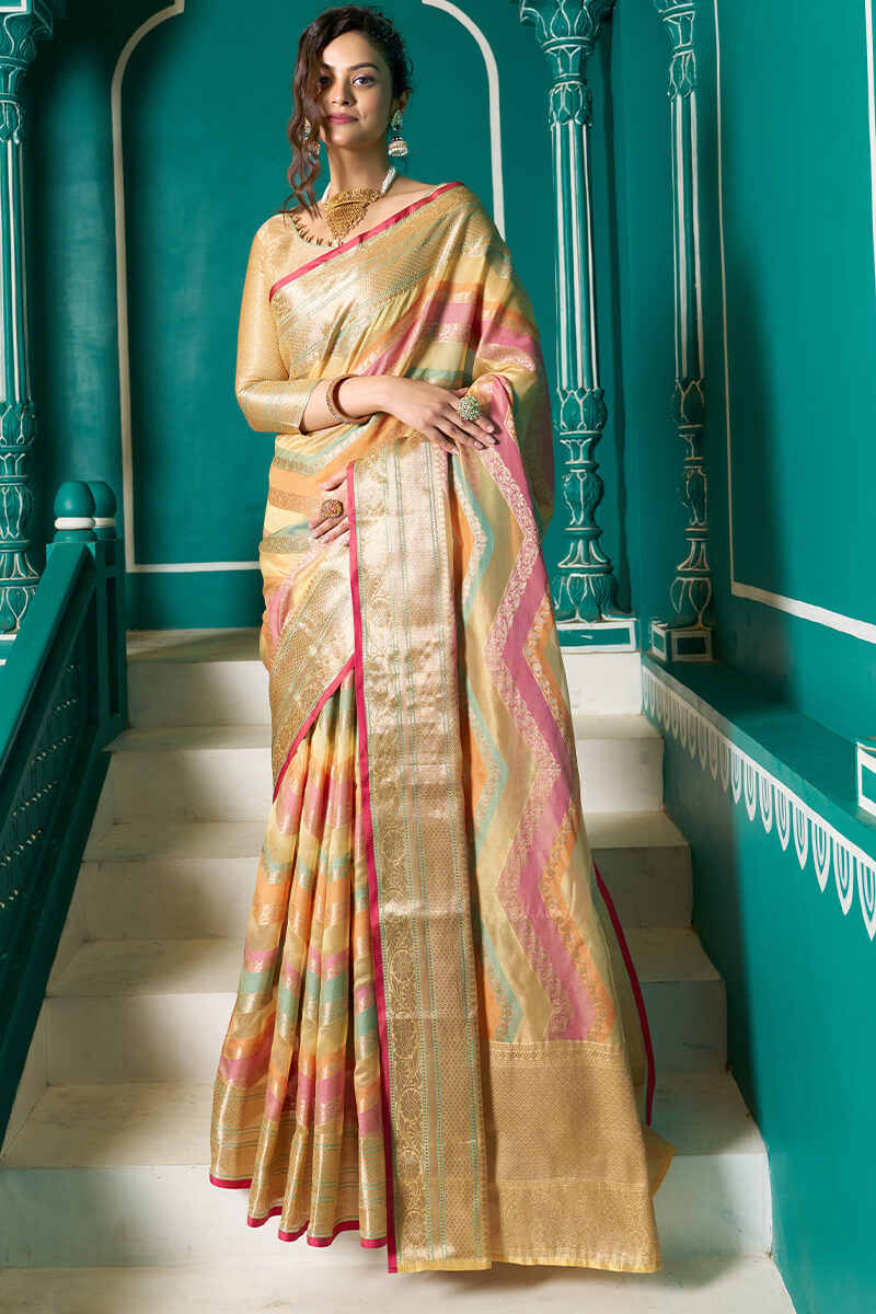Prodigal Mustard Organza Silk Saree With Blissful Blouse Piece