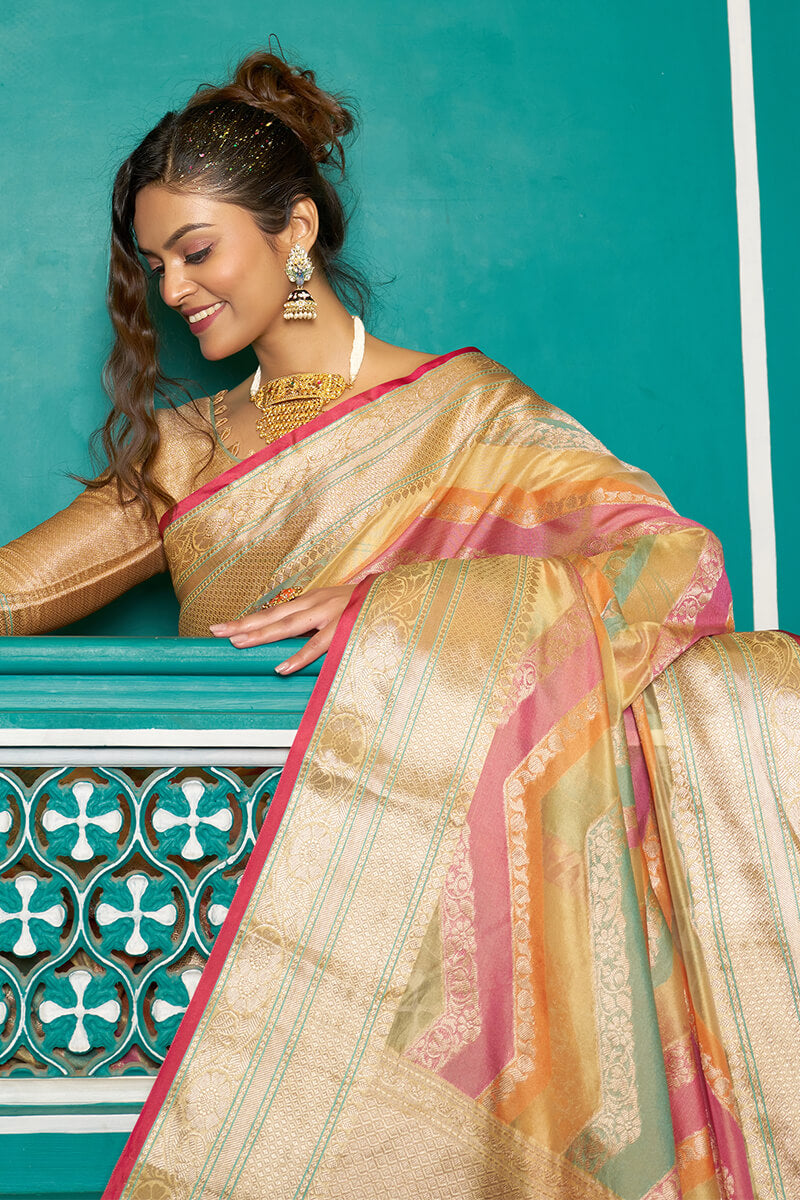 Prodigal Mustard Organza Silk Saree With Blissful Blouse Piece