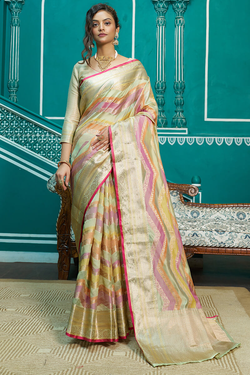 Splendorous Pista Organza Silk Saree With Inspiring Blouse Piece