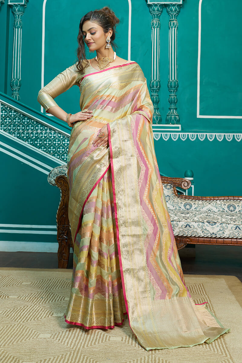 Splendorous Pista Organza Silk Saree With Inspiring Blouse Piece